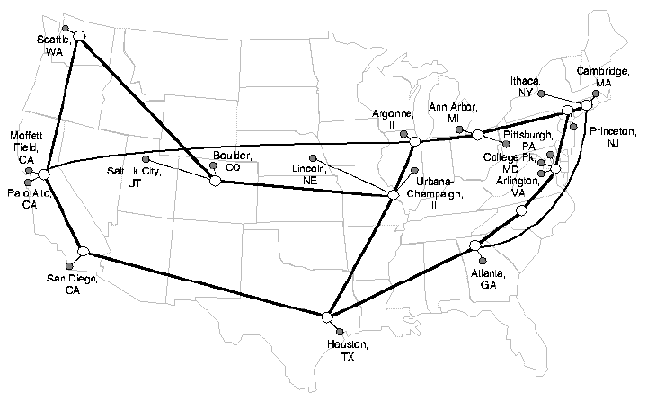 [Map of United States showing NSFNET backbone]